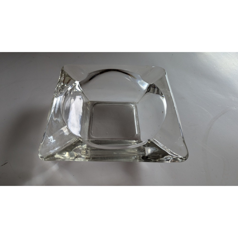 Vintage Square Clear Heavy Glass 4-Slot Ashtray 7 Inch Mid-Century Modern Style